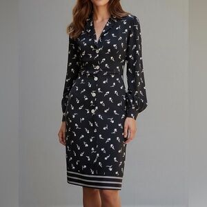 Vtg 70-80s Stanley Platos Dress Silk Secretary ShirtDress Navy Balloon Sleeve XS